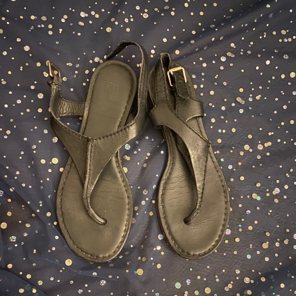 FRYE LEATHER T-STRAP CLASSY GORG BLACK Sandals RARE COMFY BOHO - Picture 2 of 6